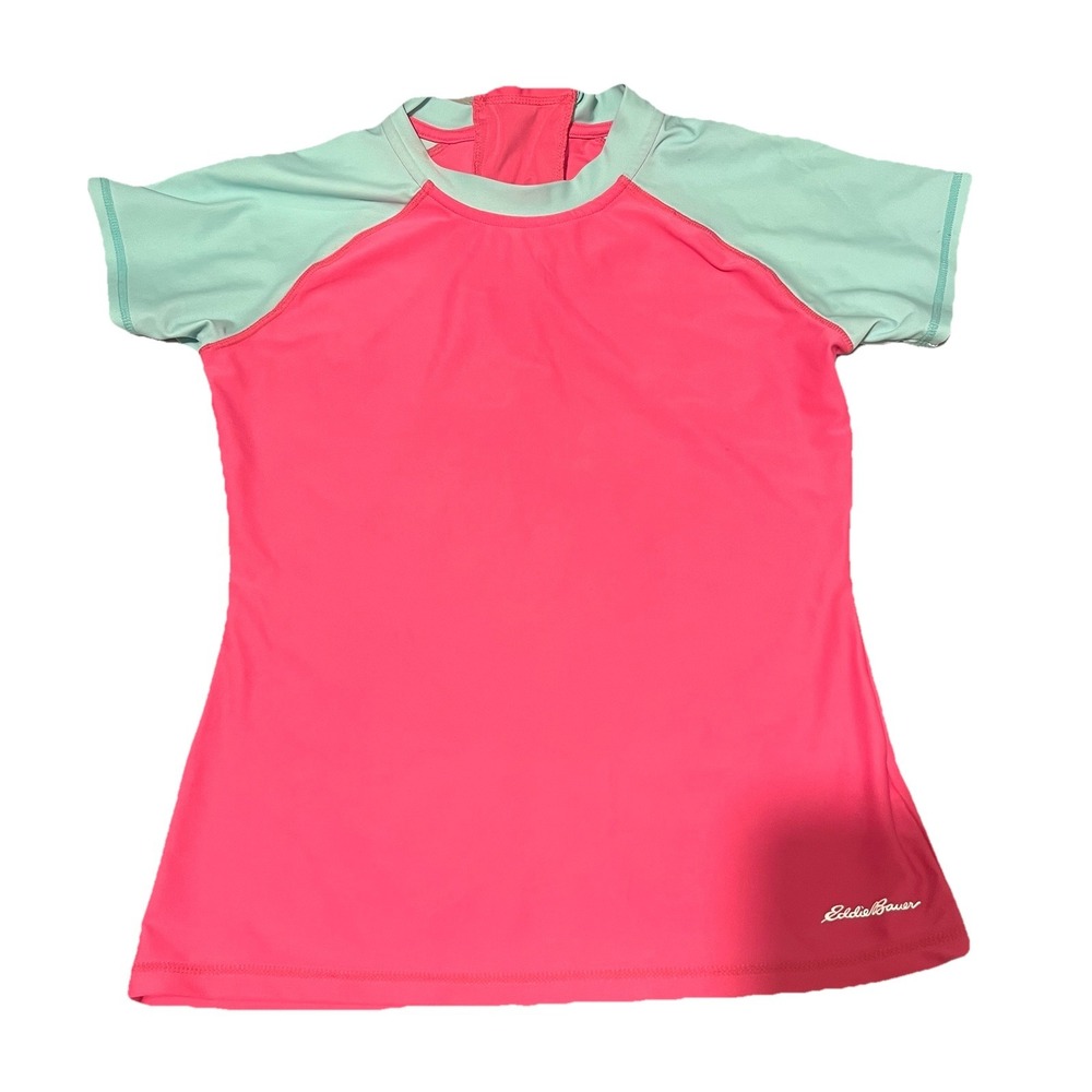 Eddie Bauer Rash Guard Kids Pink Aqua Short Sleeve Half Zip Swim Top L 14/16
